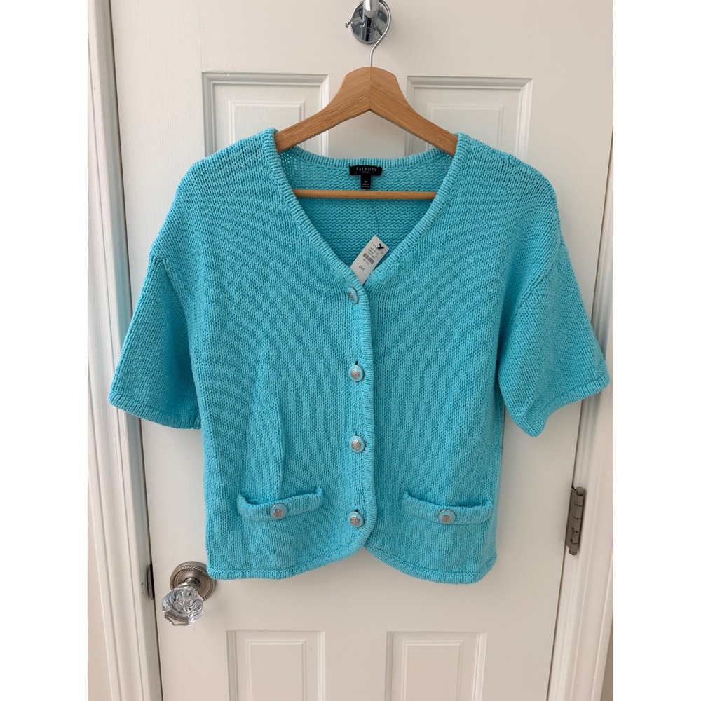 NWT Talbots Short Sleeve Knit Cardigan Sweater Turquoise Blue Medium Petite